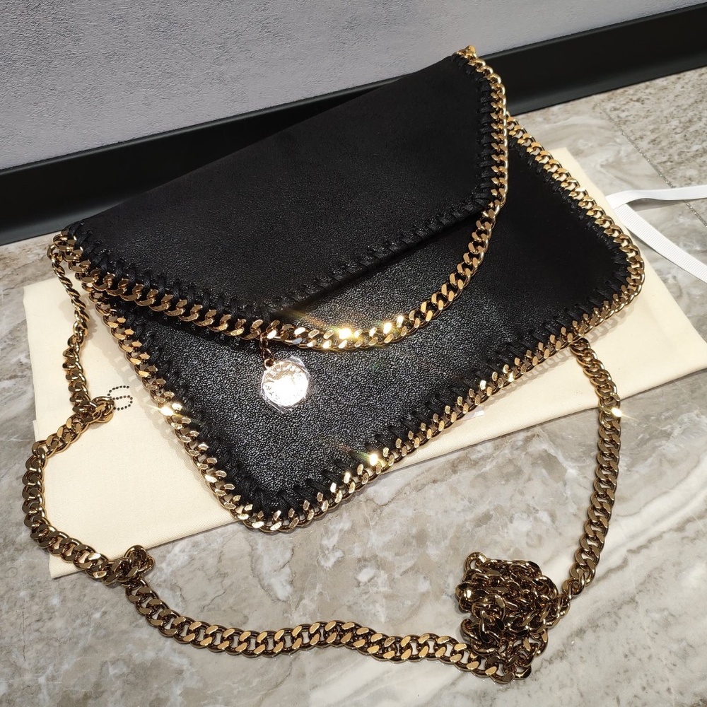 Stella McCartney Black Faux-Leather Crossbody Bag with Gold Chain